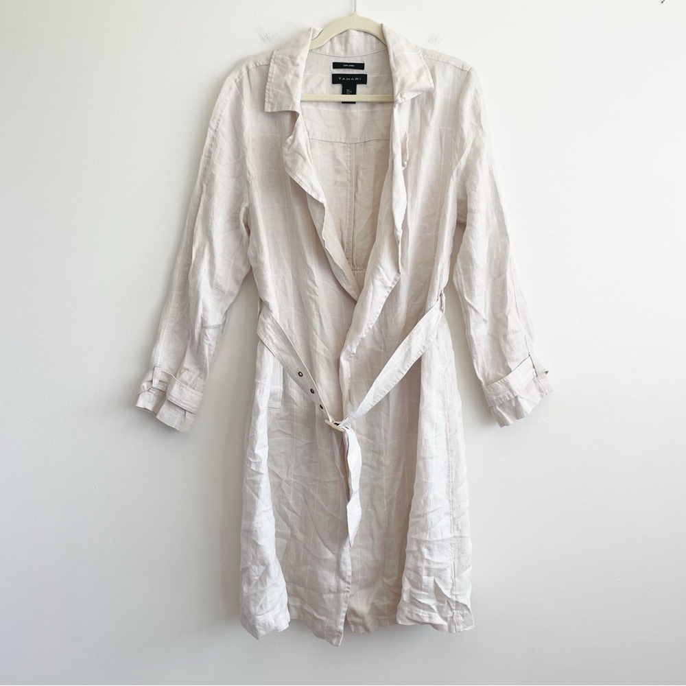 Tahari Linen Duster shirt trench belted plaid collared lagenlook topper cover up